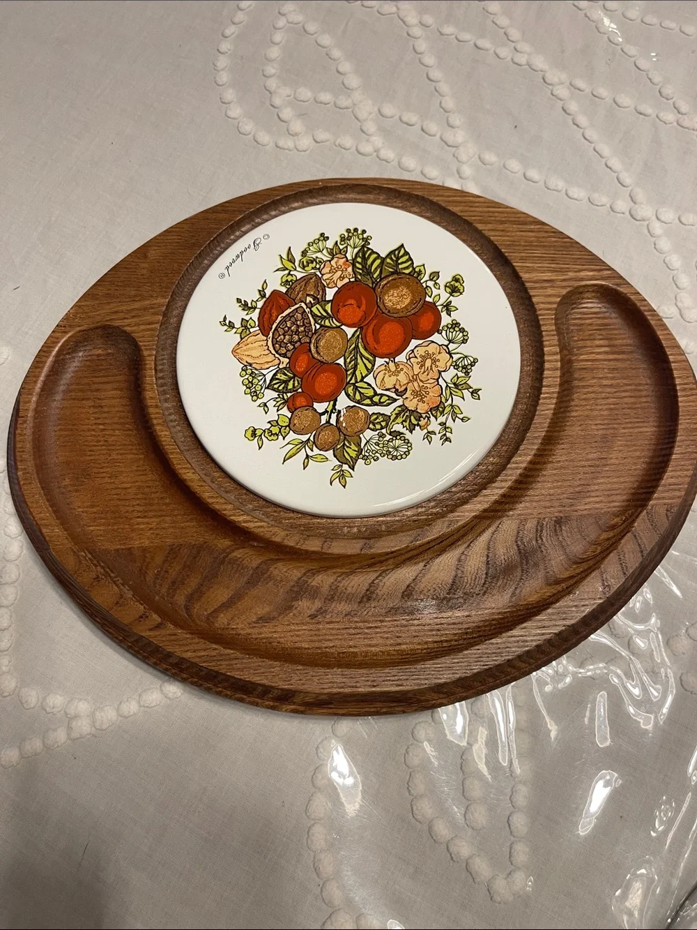 Corningware Orange Floral Ceramic Plate with Clear Glass Dome and Wooden Base